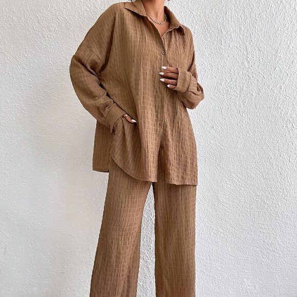 Pants - Brown Casual Women's Solid Drop Shoulder Shirt & Wide Leg Pants